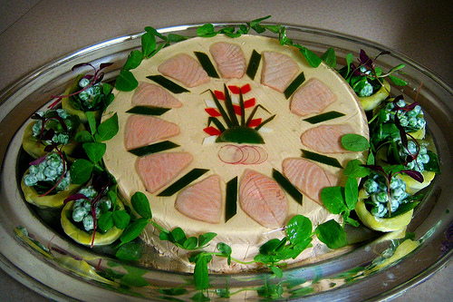 Frank’s wild king salmon bavarois with Prosecco aspic and artichokes filled with English peas.